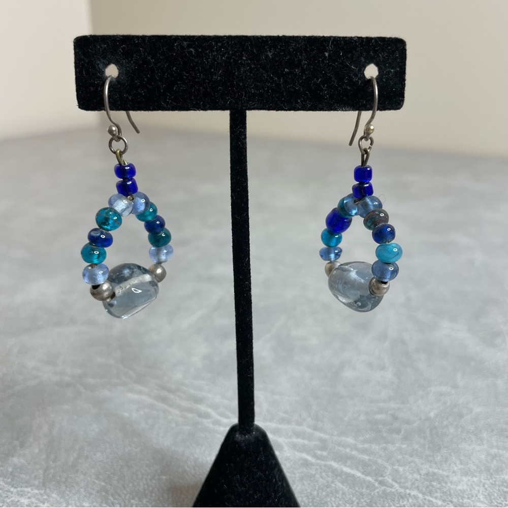 Handmade Beachy Blue Beaded Loop Earrings - Turquoise & Cobalt Blue